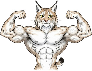 Muscular bobcat flexing muscles isolated on transparent background