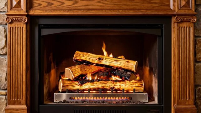 Closeup of stylish gas log set burning brightly in a traditional fireplace adding warmth and realism without the hassle of wood.