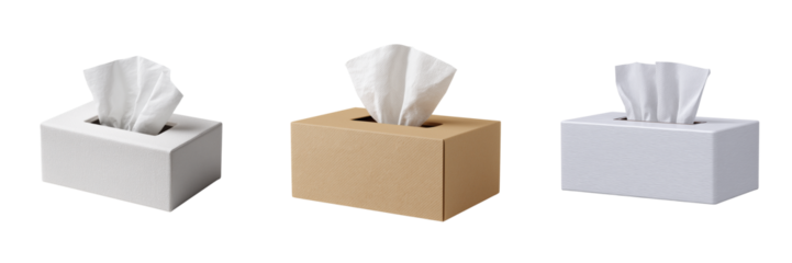 Three tissue boxes white and cardboard with white tissues peeking out isolated on a transparent background