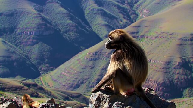 Gelada baboon sits on rock overlooking mountain landscape in nature, wildlife.