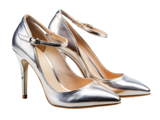  Elegant Silver Pumps With Ankle Straps and Pointed Toes isolated on white background , PNG. AI Generated