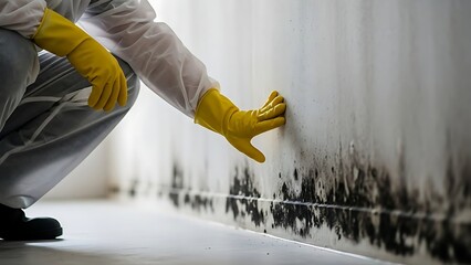 person in protective gear inspecting mold on wall