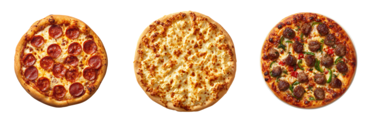 Three round pizzas with pepperoni cheese and meatball toppings isolated on a transparent background food