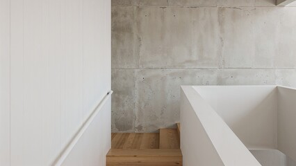 Minimalist interior with white wall, wooden steps, and concrete wall background.