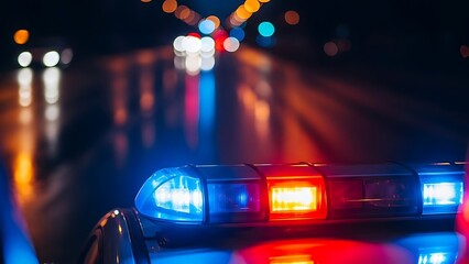 Police car lights flashing on highway at night