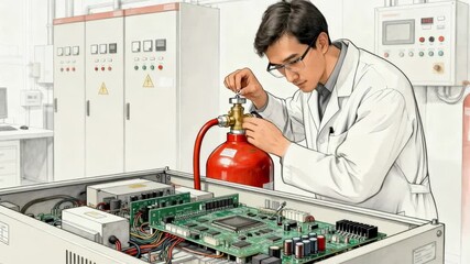 Engineer finetunes inert gas fire suppression systems focusing on delicate gas release mechanisms to protect sensitive electronic equipment.