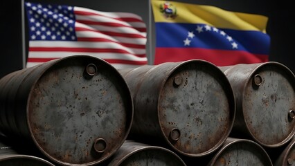 Crude oil barrels with waving national flags of two countries, symbolizing international relations and economic resources.