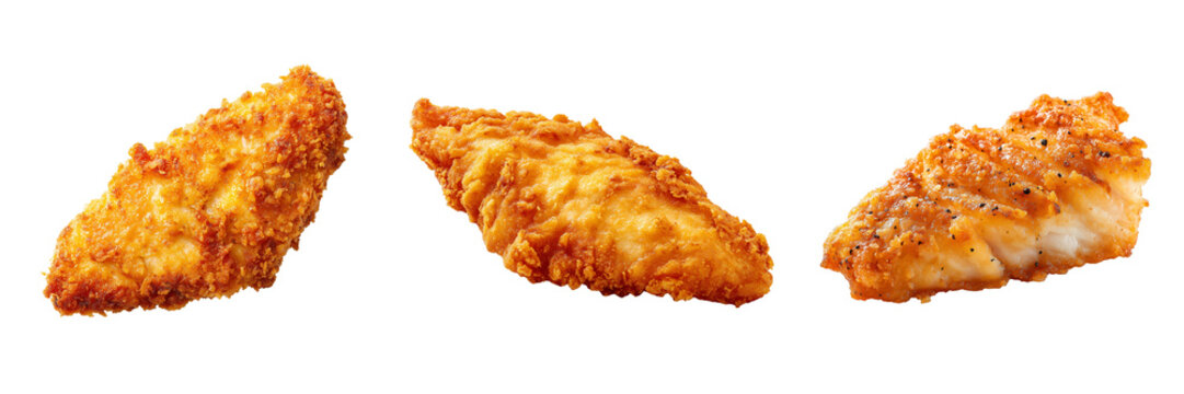 Three pieces of crispy fried chicken tenders with golden brown breading isolated on a transparent background