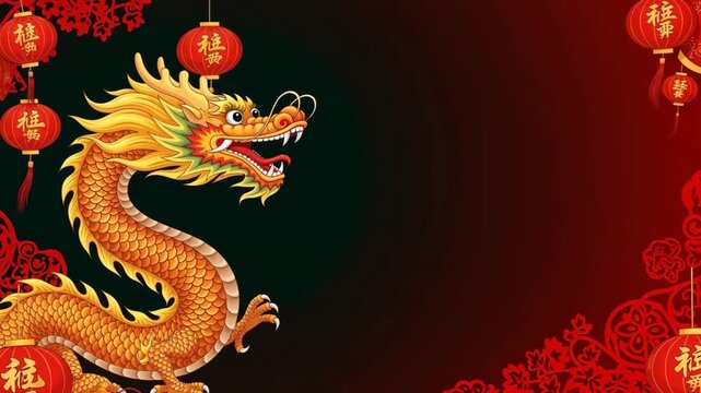 Animated golden Chinese dragon with red lanterns and floral patterns. Traditional Lunar New Year background with copy space for text. Spring Festival celebration concept