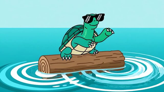 Cool Turtle Floating On A Log In A Calm Water Animated Cartoon Illustration