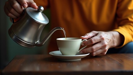 A close-up shot of hot beverage being poured from a metal pot into a ceramic cup and saucer on a wooden surface