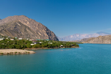 Panoramic view of the Irganay reservoir in mountainous area of Dagestan Republic