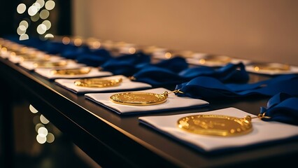 Row of gold medals on white cards with blue ribbons on a table