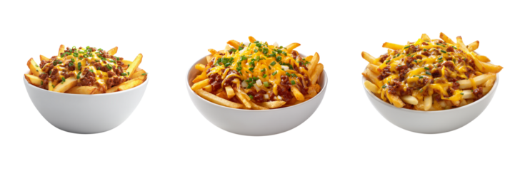 Three bowls of chili cheese fries topped with chopped green onions isolated on a transparent background