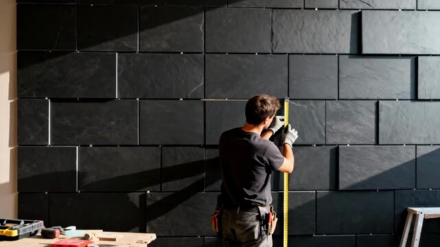 Skilled installer fitting slate cladding panels on a modern interior wall highlighting the dark sleek surface and structured arrangement in medium shot.