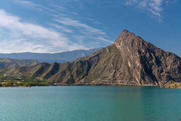Panoramic view of the Irganay reservoir in mountainous area of Dagestan Republic