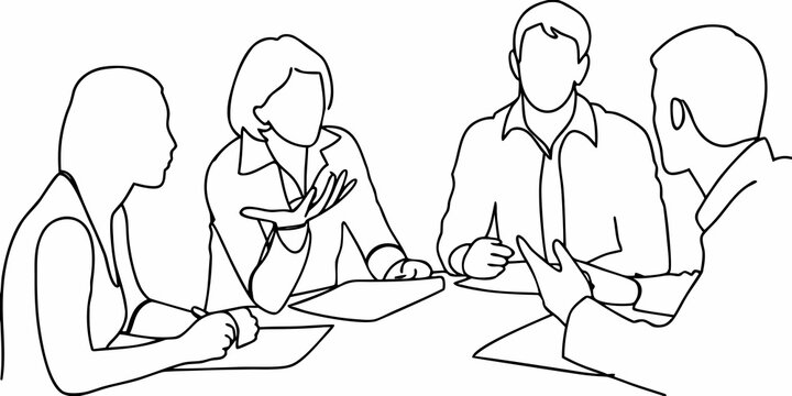 A simple line drawing depicting a group of people in a meeting