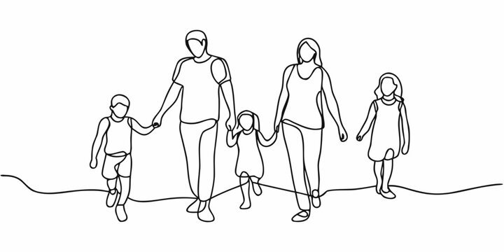 A family of five holding hands depicted as a continuous line drawing