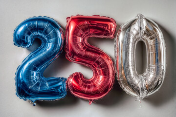 Metallic foil balloons in sapphire blue red and silver spelling USA 250 anniversary celebration isolated on grey background festive patriotic decoration for national event or milestone