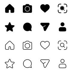 social media UI icon set. Includes home, camera, heart, search, star, send, user, profile symbols in solid and outline styles. social media notification icons like, comment, share icon symbol