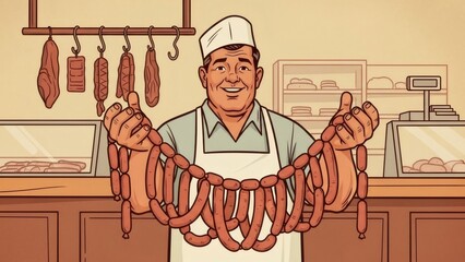 Man butcher holding a chain of raw sausage in a meat shop. Traditional retail store for fresh meat product.