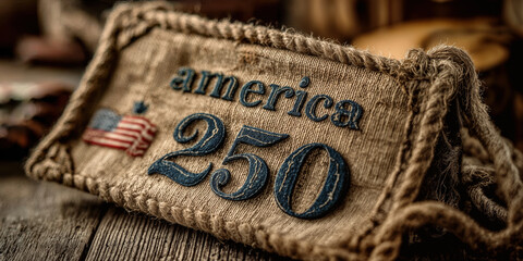 America 250 embroidered patch on burlap fabric with American flag design celebrating American history and culture anniversary milestone banner concept for patriotic events and heritage pride
