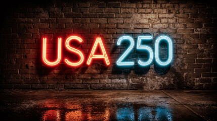 Glowing USA 250 Neon Sign in Red and Blue on Dark Grunge Brick Wall with Wet Pavement Reflection Cyberpunk Urban Celebration Light