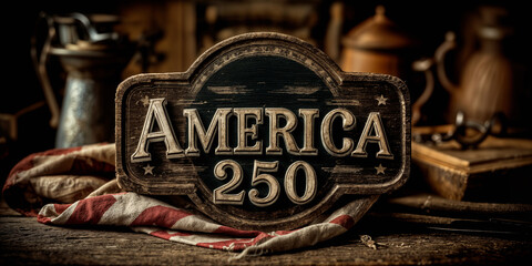 America 250 vintage wooden plaque with bold lettering and American flag draped underneath evoking semiquincentennial celebration and patriotic heritage design