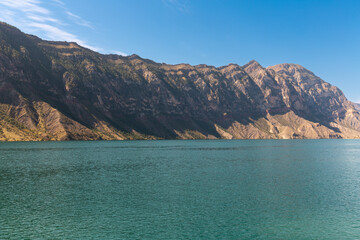 Panoramic view of the Irganay reservoir in mountainous area of Dagestan Republic