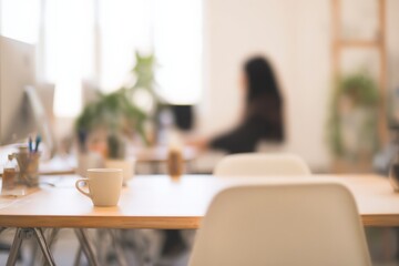 Modern office workspace with woman working at a desk, highlighting productivity, coffee culture, and contemporary interior design elements.
