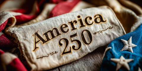 America 250 celebration vintage fabric label with patriotic red white blue flag colors and embroidered stars symbolizing unity freedom pride and nostalgia