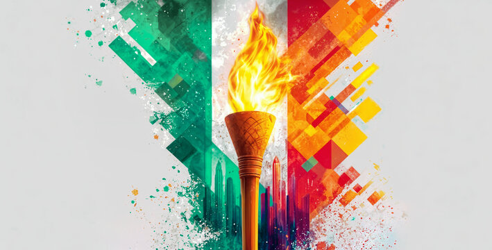 Olympic torch with flame in front of abstract Italian flag colors geometric background symbolizing Milano Cortina 2026 Winter sports competition celebration