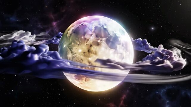 Abstract motion graphic loop of a luminous stylized sphere representing the moon orbited by smooth flowing gaseous clouds designed for seamless looping background space, stream, moon