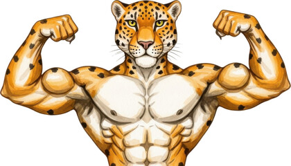 Muscular leopard flexing muscles isolated on transparent background