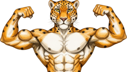 Muscular leopard flexing muscles isolated on transparent background