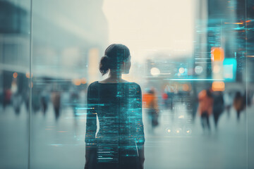 A woman stands in an urban environment, with digital overlays suggesting technology and data visualization around her.