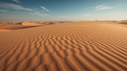 Expansive desert landscape with sand dunes under a blue sky and clouds, showcasing the beauty of the natural environment.