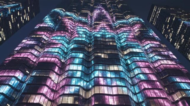 Abstract motion graphic loop of a massive vertical building facade with thousands of glowing geometric window lights flickering rapidly in sequence connection, vertical, motion