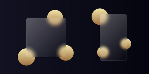 glassmorphism background banner with transparent glass frame template . Realistic Frosted glass morphism effect with blurred abstract gradient gold yellow circle shapes. Vector illustration	