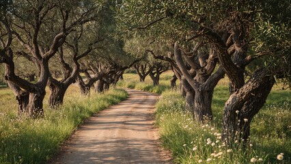 A dirt road through an orchard with gnarled trees and green grass on either side.