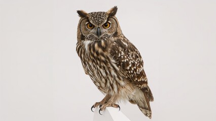 A detailed close-up of an owl with yellow eyes against a plain white background.