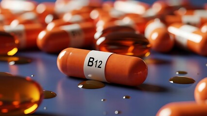 Vitamin B12 capsules on blue surface with oil drops