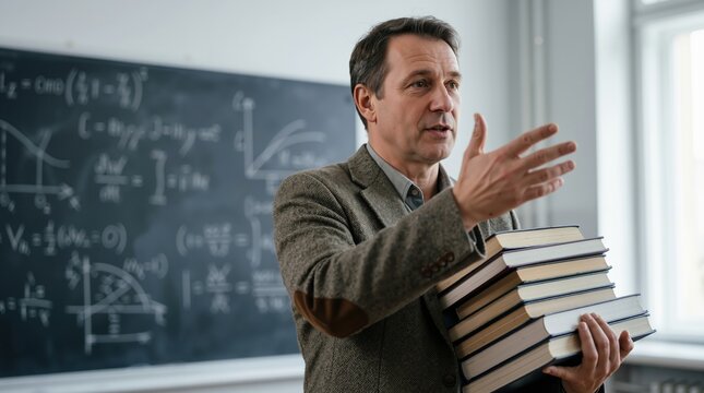 Caucasian male professor holding stack of books and gesturing in front of blackboard with math formulas in classroom. Education and academic teaching knowledge banner with copy space - Powered by Adobe
