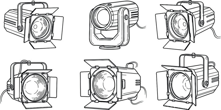 Outline illustration set of 4 stage lighting fixtures par can spotlight fresnel light moving head and floodlight