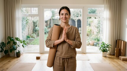 Smiling woman yoga instructor holding cork mat with hands in prayer position in bright home studio. Health and wellness small business concept banner with copy space