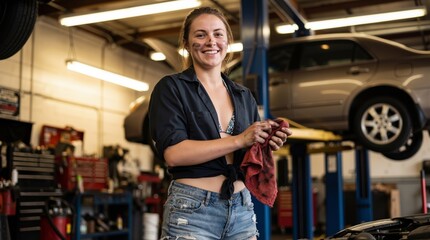 Caucasian woman mechanic with dirty face wiping hands with red rag and smiling in auto repair shop. Female empowerment and automotive maintenance industry