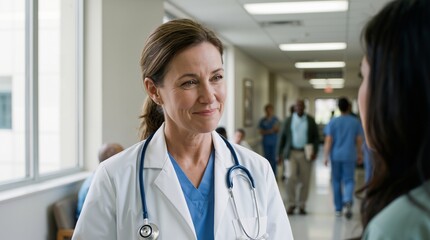 Caucasian female doctor in white coat and stethoscope smiling while listening to patient in busy hospital hallway. Healthcare professional and medical consultation