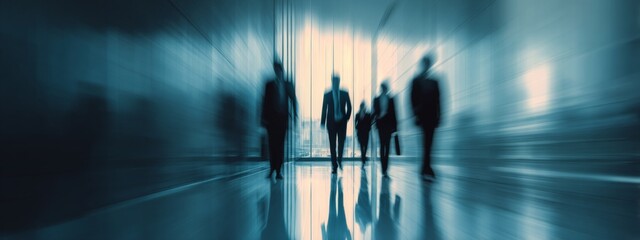 Professionals Guiding Team Through Modern Office Corridor in Motion with a Bluish Tone