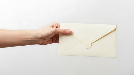 Fototapeta premium Hand extending a premium cream colored invitation envelope sealed elegantly with a modern minimalist wax seal against a bright white background