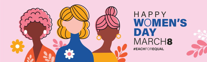 Set of International Women's Day poster, greeting card, invitation card, cover, sale promotion, pattern background with diverse women portraits, March 8 headline and typography design. © LittleWhale